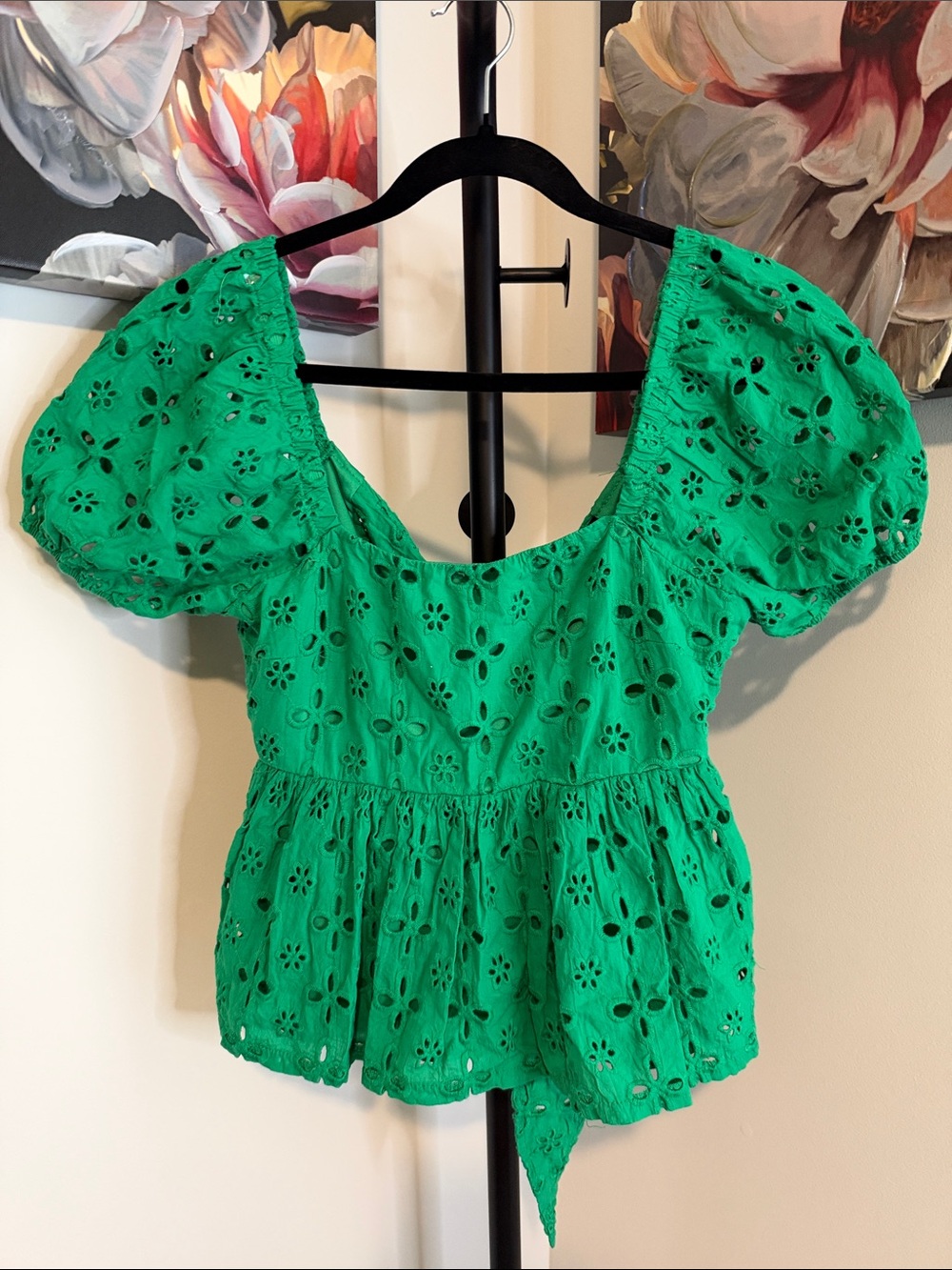 Trixxi Green Eyelet Puff-Sleeve Peplum Top